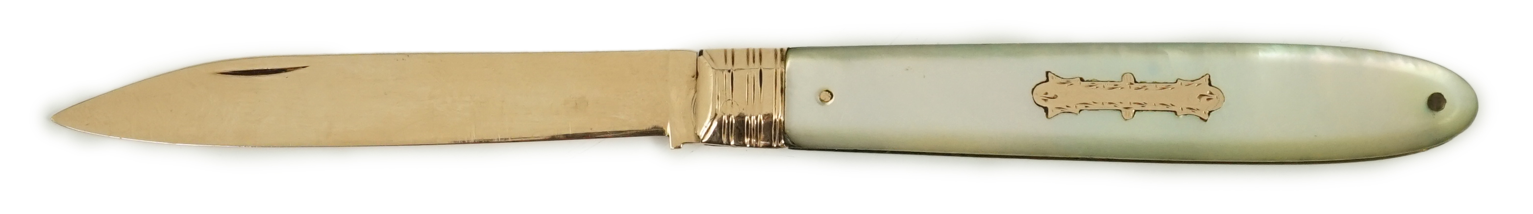 A George III mother of pearl mounted gold fruit knife